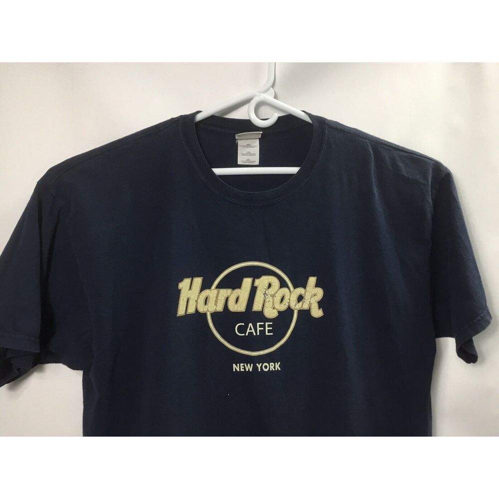 Hard Rock Cafe New York mens T Shirt‎ Size XXL Blue Khaki cotton Distressed Logo
